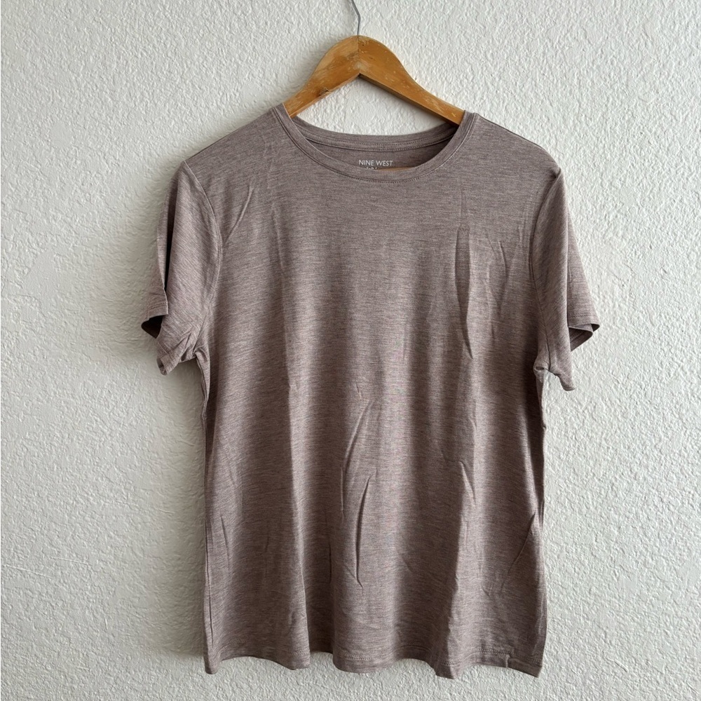 Nine West Soft Spun Tee Large Heathered Taupe Brown Short Sleeve Crew Neck Shirt